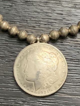 NAVAJO COIN SILVER DOLLAR SQUASH BLOSSOM Morgan Dollar Necklace OLD PAWN 15.  25” 2