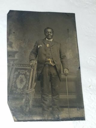 Rare Circa 1860s Tintype Of African American Black Dandy With Medal And Cane