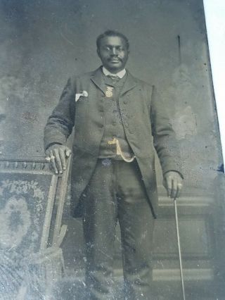 RARE Circa 1860s Tintype Of AFRICAN AMERICAN Black Dandy with Medal and Cane 2