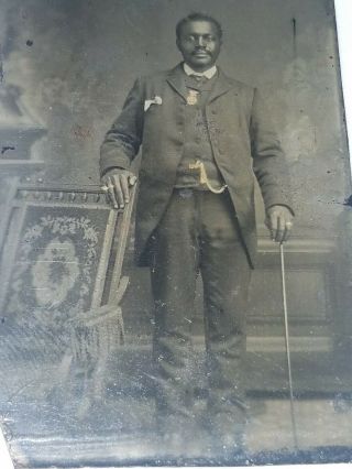 RARE Circa 1860s Tintype Of AFRICAN AMERICAN Black Dandy with Medal and Cane 3