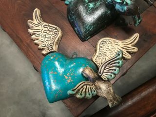 Mexican Folk Art Sacred Puffy Heart w/bird Clay Pottery Wall Art Milagros 15 