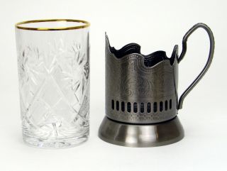 Set of 2 Russian Tea Glass Holders Podstakannik w/ 24K Gold Trim Crystal Glasses 3
