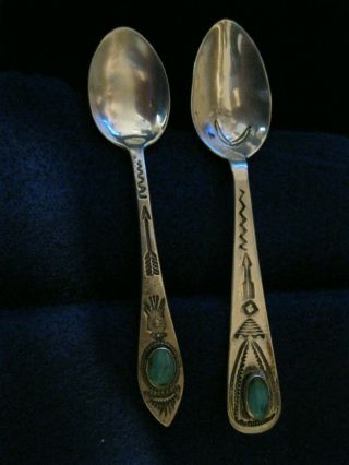 2 Vintage Navajo Sterling Silver Spoons 3 7/8 " And 3 3/4 " Sterling Mkd