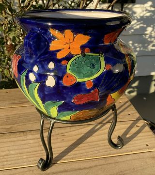 Talavera Mexican Pottery colorful planter 12 X 9 Nautical Tropical Fish cobalt 2