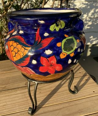Talavera Mexican Pottery colorful planter 12 X 9 Nautical Tropical Fish cobalt 3