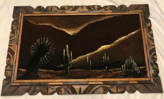 Vtg Black Velvet Mcm Painting Desert Aztec Cactus Framed Mexican Painting