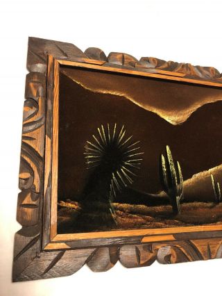 Vtg Black Velvet Mcm Painting Desert Aztec Cactus Framed Mexican Painting 2