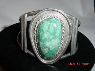 Vintage Navajo Indian Turquoise And Silver Bracelet With Large Stone