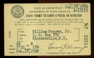 1950 Connecticut Department Of State Police Permit To Carry Pistol Or Revolver