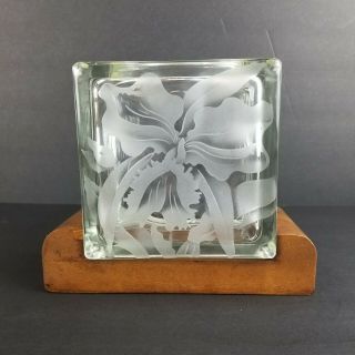 Vintage Hawaiian Glass Block Vase Frank Oda Etched Flower Tiki Bar Decor