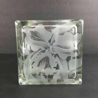 Vintage Hawaiian Glass Block Vase Frank Oda Etched Flower Tiki Bar Decor 2