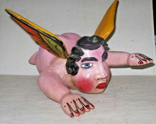 Mexican Folk Art Winged Angel Cherub Cacheton Chubby Boy Carved Wood Guerrero 3