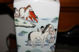Chinese 4 Sided Vase - Painted Scenes Men Horses Water - Red Stamped Bottom 3