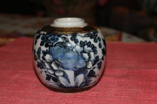 Interesting Asian Small Pottery Vessel Vase Jar - Signed - Blue & White Flowers - LQQK 2