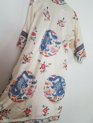 Chinese Silk Embroidered Robe Kimono Blue Dragon Motif Vtg Off White Robe