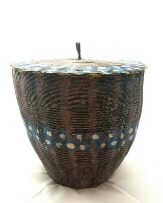 Large Handmade African Zulu Woven Wire Basket Storage Container With Lid 10.  5 "