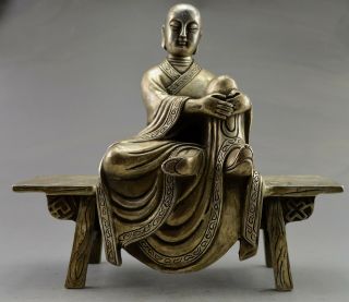 Collectible Old Handwork Silver Plate Copper Carved Buddha Sit Bench Statue