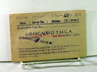 Embarcadero Ymca San Francisco,  Calif 1961 Membership Card/room Rental Receipt