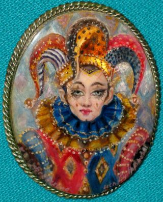Unique " Joker " Russian Hand Painted Fedoskino Mother - Of - Pearl Brooch