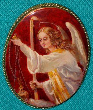 " Angel With A Candle " Russian Hand Painted Fedoskino Mother - Of - Pearl Brooch