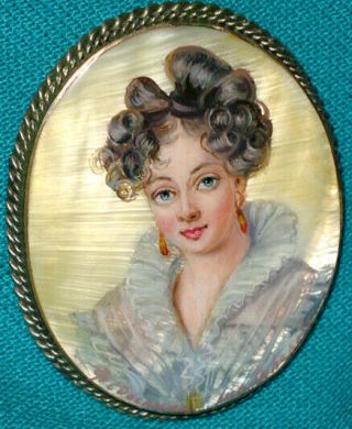 Wonderful Young Lady In White Dress Russian Hand Painted Fedoskino Mop Brooch