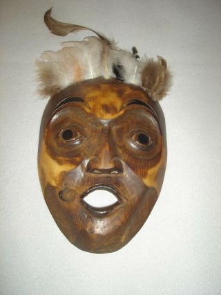 Pat Moore Signed Haida Carved White Cedar Mask With Feathers