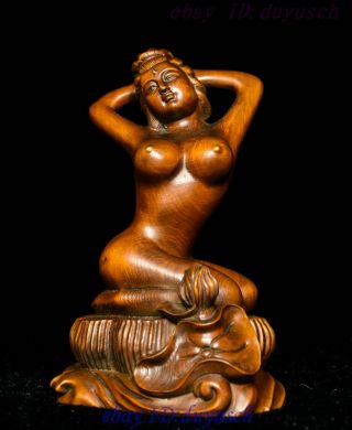 Collect Chinese Boxwood Wood Carving Lotus Woman Naked Belle Statue