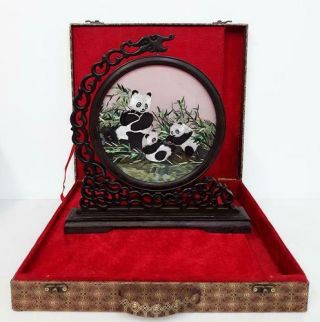 Chinese Handmade Suzhou Embroidery Screen (with Stand/decorative Box) - Pandas