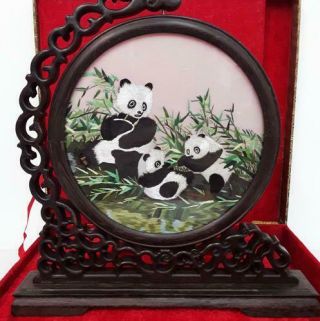 Chinese Handmade Suzhou Embroidery Screen (With Stand/Decorative box) - PANDAS 2