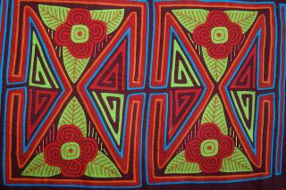 Kuna Geometric Traditional Mola Hand Stitched Applique Art Panel Red Flower 15a