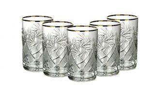 Set Of 5 Russian Tea Glass Holders Podstakannik W/ 24k Gold Trim Crystal Glasses