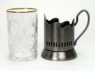 Set of 5 Russian Tea Glass Holders Podstakannik w/ 24K Gold Trim Crystal Glasses 3