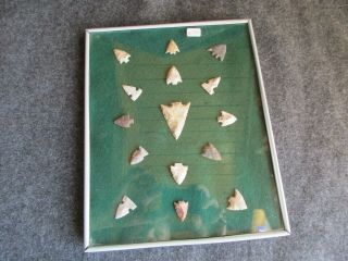Native American Arrowheads,  15 - Ct Set,  Collector Mounted & Framed Set,  Chi K - 290