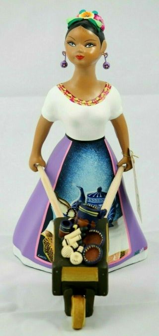 Lupita Najaco Ceramic Doll Figurine Mexico Folk Art Cart W Kitchenware Lilac