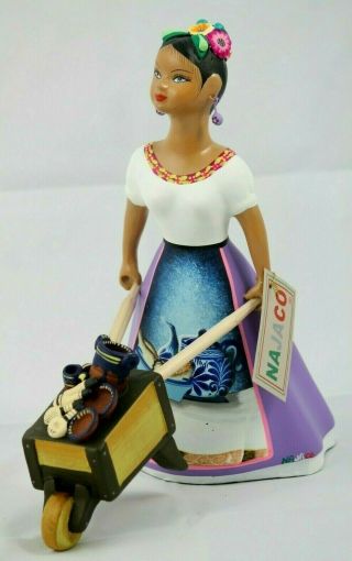 Lupita NAJACO Ceramic Doll Figurine Mexico Folk Art Cart w Kitchenware Lilac 2