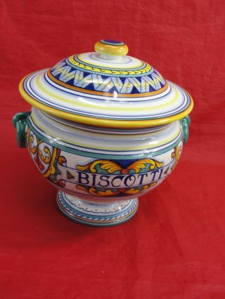 Deruta Pottery Italy Biscotti Covered Cookie Jar Canister Hand Painted 10 " Tall
