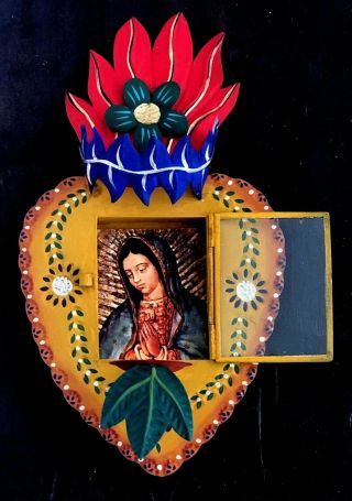 Sacred Heart Nicho Frame Candleholder Painted Tin Virgin Guadalupe 12”