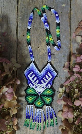 Huichol Dear Peyote Button Handmade Beaded Necklace Mexican Folk Art Hippie Boho