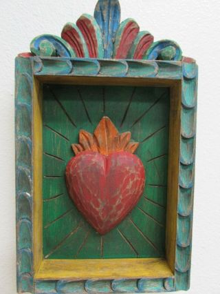 Hand Carved Colorful Retablo Sacred Heart Nicho 33 - Mexican Folk Art - 8.  5 X 15