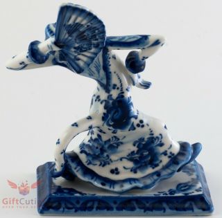 Gzhel Monkey Dance Flamenco Porcelain Figurine With Hand Fan Handmade Souvenir