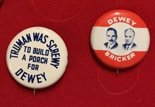 Vintage Set 2 Thomas Dewey Pinback Button Campaign Bricker Screwy Pins Political