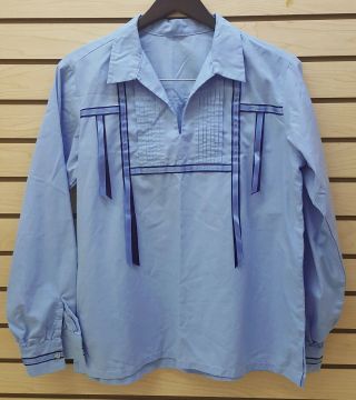 Homemade Blue Medium Pleated Front Native American Indian Ribbon Dance Shirt