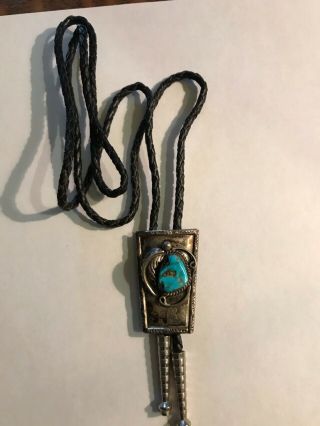 Old Pawn Navajo Silver Bolo Tie With Turquoise And Maker 