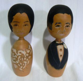 Bride And Groom Kokeshi 8 " Dolls Signed Wood Hand Painted