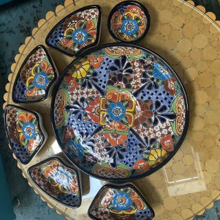 Mexican Talavera Pottery Chip Dip Serving Dish Plate Taco 7 Piece 12”