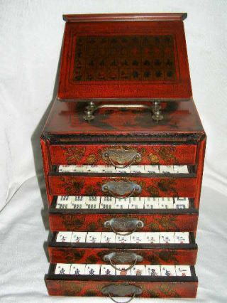 Collectible Chinese Antique Style 144 Mahjong Game Set And Case Box