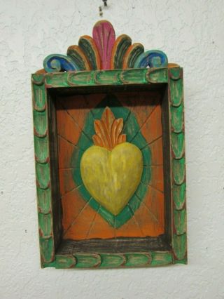 Hand Carved Colorful Retablo Sacred Heart Nicho 10 - Mexican Folk Art - 8.  5 X 15