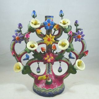 Mexican Folk Art Clay Tree Of Life Candle Holder Signed