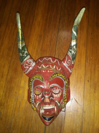 Mexican Folk Art Carved Wood Mask Devil Satan Diablo Horns