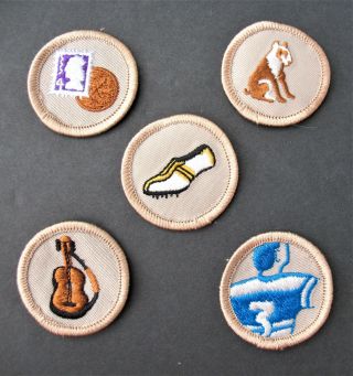 Boy Scouts Canada 5 Different Merit Badges Patches Athlete Pets Collector Music